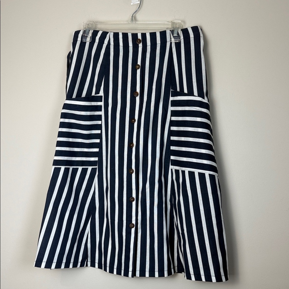 Metro Wear Blue and White Pleated A-Line Linen Blend Midi Skirt Size L NWOT